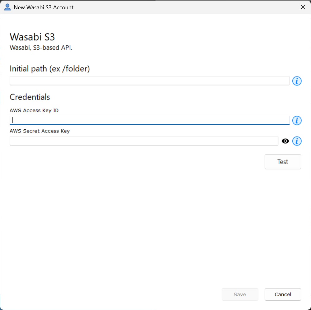 Wasabi S3 connection settings in GoodSync