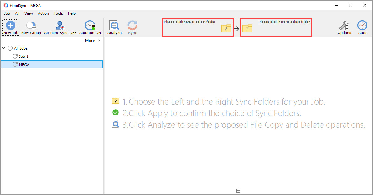 Screenshot of the GoodSync window illustrating how to enter browse mode for sync folder selection